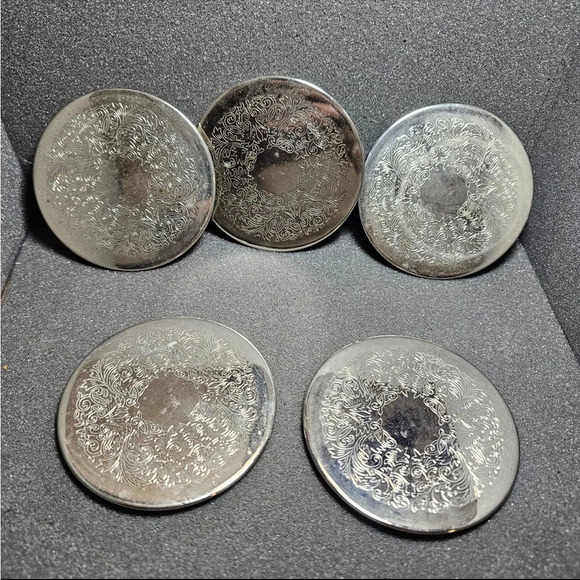 Set Of 5 Silver Plated Ornate Engraved Round Coasters - Picture 1 of 12